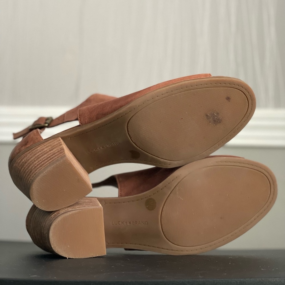 Lucky Brand Booties Brown Leather Barimo Open Toe Sandal Low Heel Size 8 - Picture 6 of 9